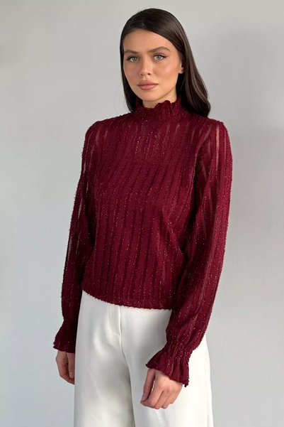 TOZLU Women's Mock Neck Sparkle Blouse