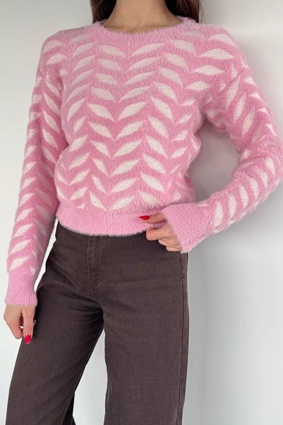 TOZLU Crew Neck Patterned Soft Yarn Croptop Women's Knitwear Sweater
