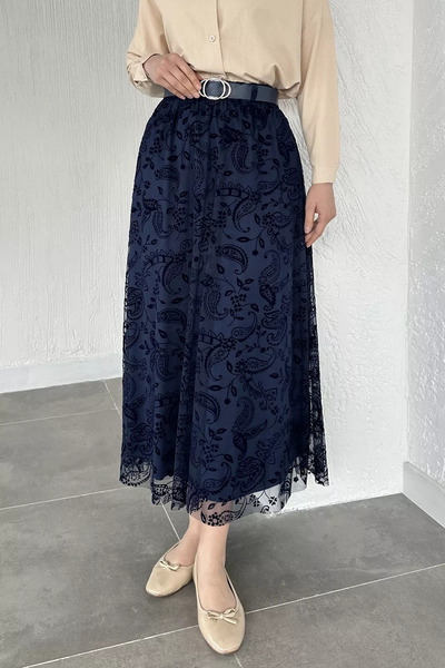 TOZLU Flock Printed Belted Hijab Skirt