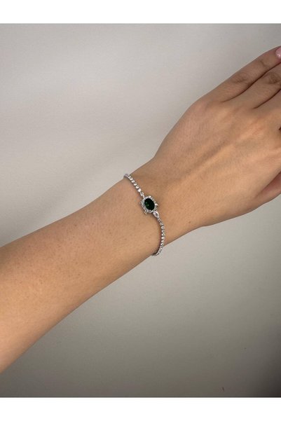 GAMBU Emerald Green Stone Sea Turtle Zircon Women's Bracelet - Silver Color