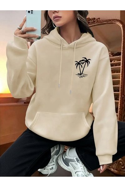Medinenur Palm Tree Printed Hooded Sweatshirt with Pockets