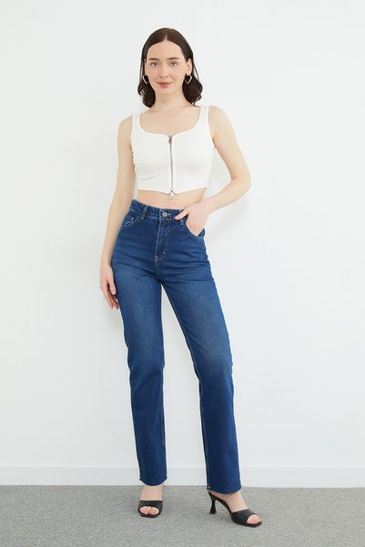 Fulla Moda Yüksek Bel Kesik Paça Jean