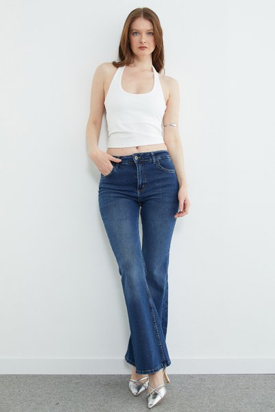 Fulla Moda Yüksek Bel Fermuarlı Flare Jean
