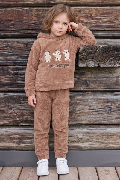 Fulla Moda Teddy Bear Embroidered Hooded Plush Girls' 2-Piece Set