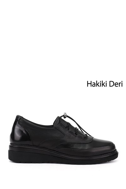 GÖNDERİ(R) Women's Black Wedge Sole Genuine Leather Shoes