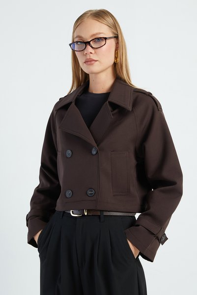 Fulla Moda Kruvaze Yaka Çift Cepli Crop Trençkot