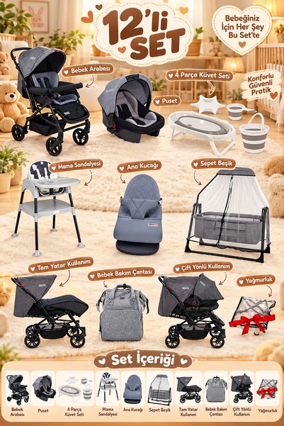 Tommybaby 12 Parça Çeyiz Seti Bebek Arabası Puset Beşik Anakucağı Mama Sandalyesi KüvetTakımıBebekBakımÇantası