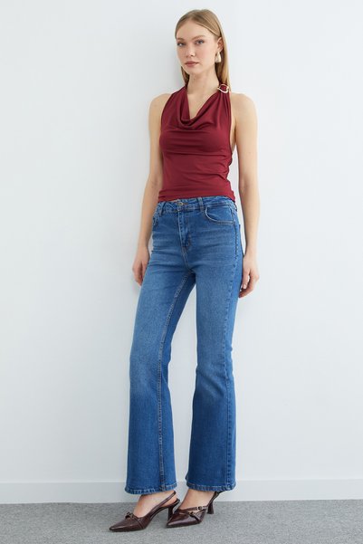 Fulla Moda Yüksek Bel Fermuarlı Flare Jean