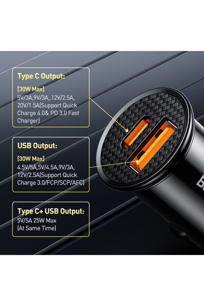 Baseus شاحن سيارة USB نوع C بقوة 30 واط، شحن سريع 4.0 و3.0، يدعم FCP وSCP وUS...