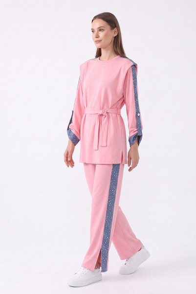 zenne Padded Jeans Garnished Set 46065 - Pink