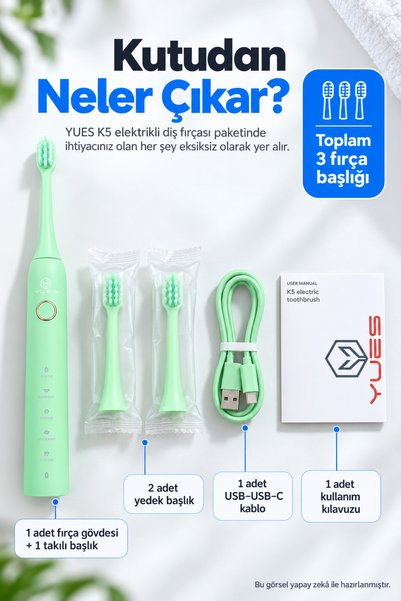 YUES K5 Şarjlı Elektrikli Diş Fırçası 5 Modlu 3 Başlıklı USB-C Zamanlayıcılı Mint Yeşili