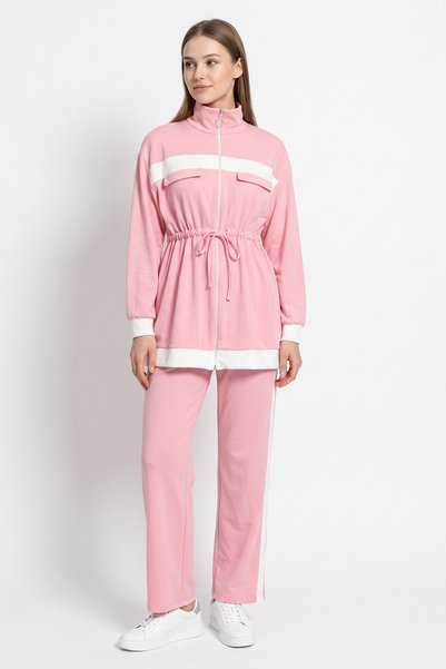 zenne Stripe Detailed Waist Gathered Suit 89140 - Pink