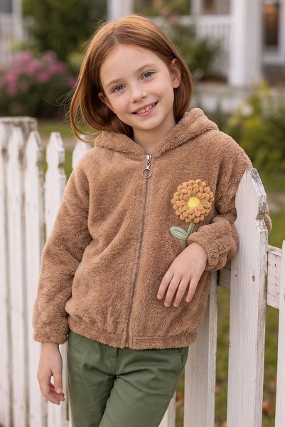 Fulla Moda Floral Embroidered Zippered Girls' Plush Coat