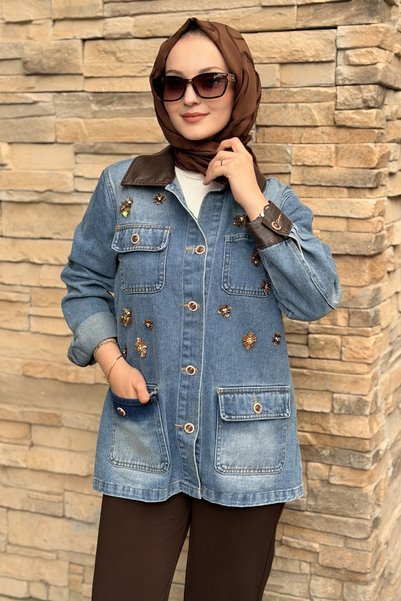 Mahal Bead Embroidered Denim Jacket with Leather Detail on Collar and Sleeves