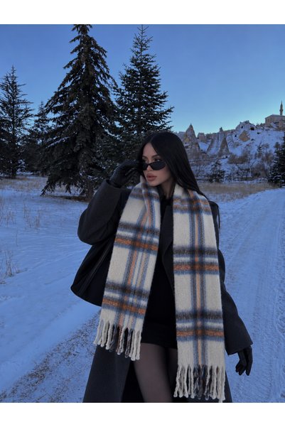 Luminos Butik Women's Beige Plaid Patterned Scarf-Shawl Sal1297