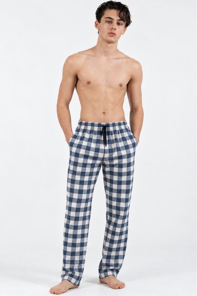 Mercan Erkek Penye Uzun Pijama Altı Cepli Ekoseli Pamuklu- Mavi EKONOMİK PAKET