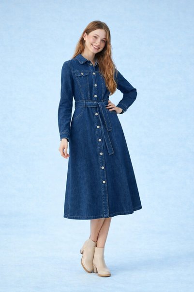 HAKKE Rochie cămașă din denim cu curea pentru femei
