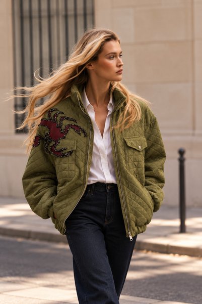 GZ Design Army Green Bomber Jacket with Bead Embroidered Scorpion Detail on L...