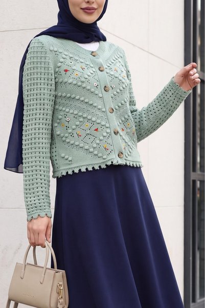 Modamorfo Floral Embroidered Pompom Openwork Sweater Cardigan