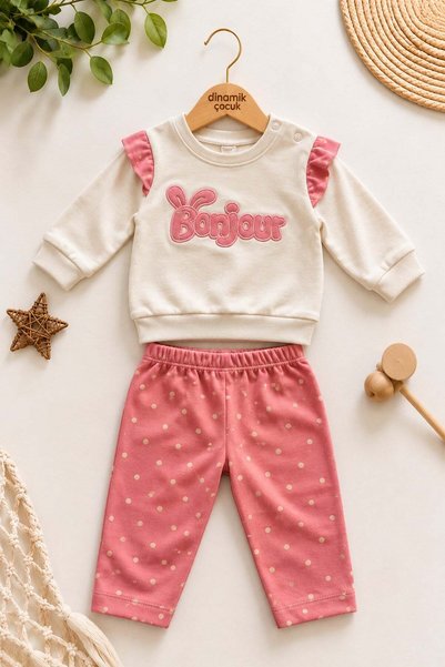 dinamik çocuk Baby Girl Bonjour Embroidered 2-Piece Set with Ruffle Detail on...