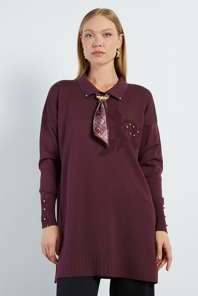 Fulla Moda Fullamodest Fularlı Jakarlı Triko Tunik