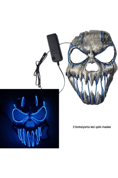 partidolu Kumandalı Mavi Renk Neon Led Işıklı Gümüş İskelet Maske 1 Adet hall...