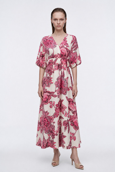 HAKKE Elastic Waist Bat Sleeve Linen Dress