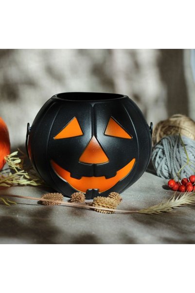 partidolu Halloween Siyah Renk Balkabağı Plastik Şeker Toplama Kovası Büyük 1...