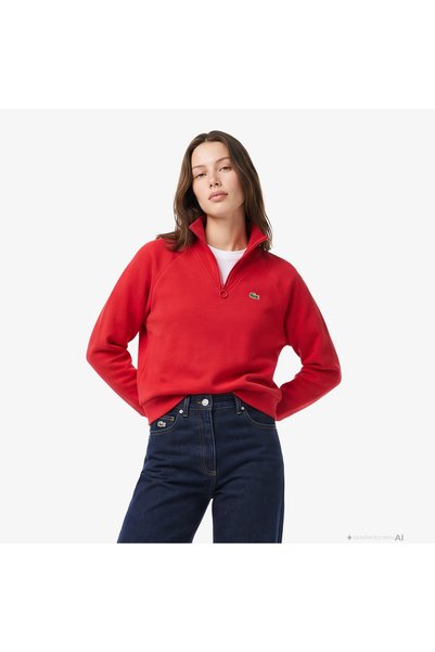 Lacoste Kadın Regular Fit Yarım Fermuarlı Kırmızı Sweatshirt