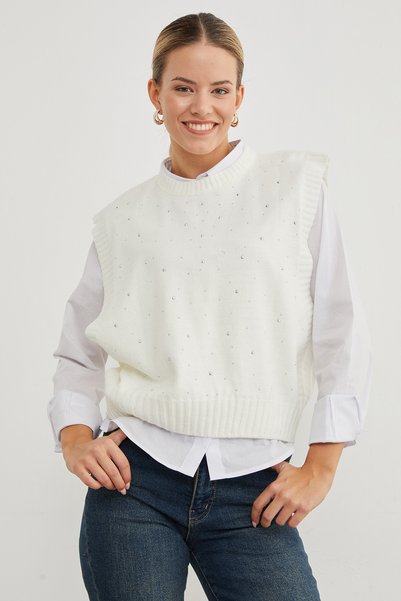 Fulla Moda Strickpullover mit Steinen und Rundhalsausschnitt