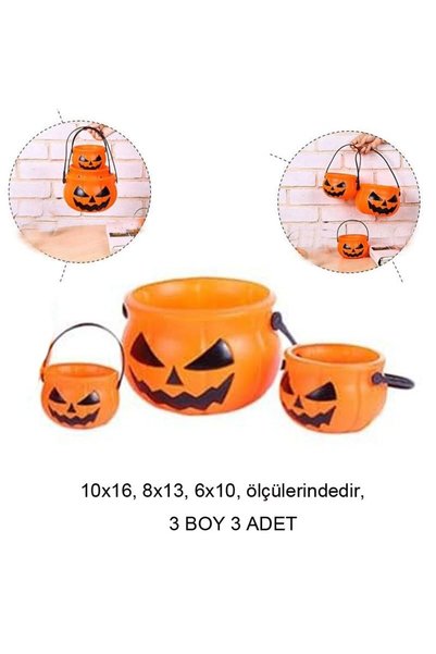 partidolu Plastik Halloween Turuncu Renk Balkabağı Figürlü Şeker Toplama Kova...