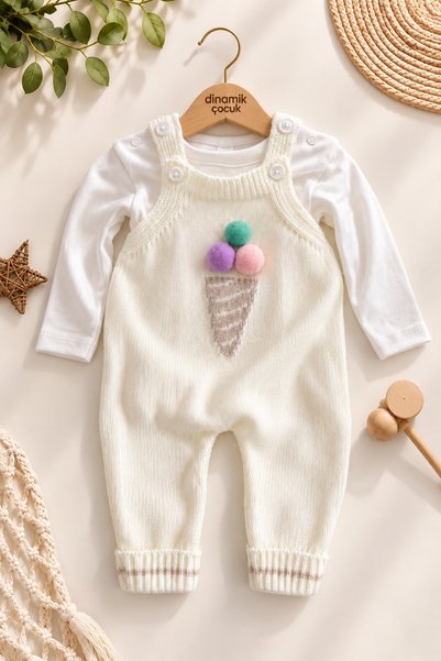dinamik çocuk Baby Girl Ice Cream Detailed Pom-Pom Knitwear Salopet Jumpsuit ...