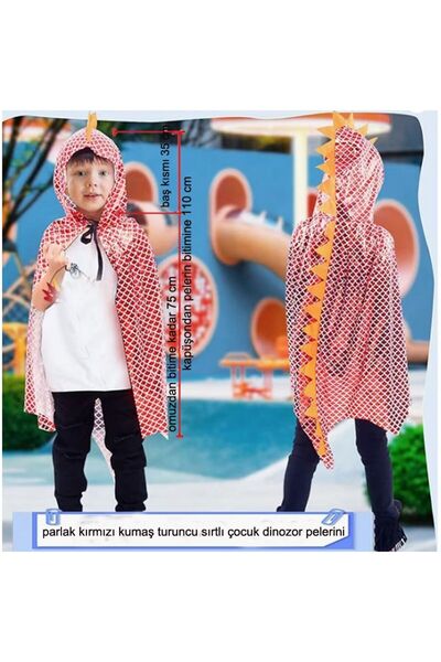 partidolu Halloween Kırmızı Renk Varaklı Kapüşonlu 75 cm Çocuk Dinozor Pelerini