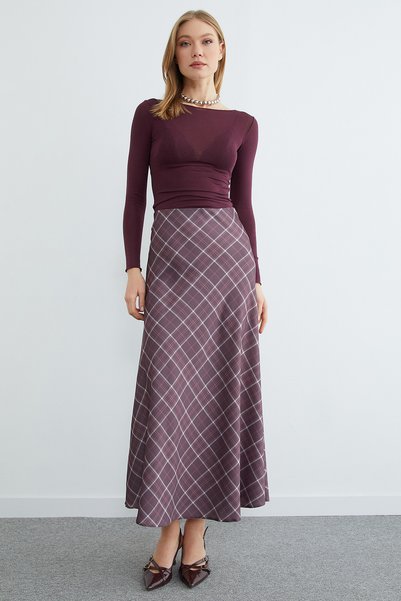 Fulla Moda Fusta maxi din satin cu model în carouri