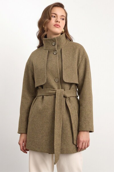 Olcay Oversized Short Coat with High Collar and Cape Detail Vison Melanj 3201