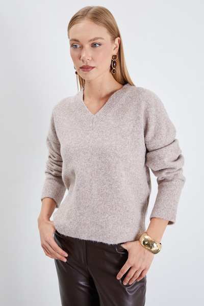 Fulla Moda Basic V-Neck Oversize Knitwear Sweater