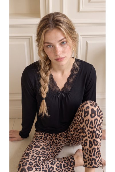 Miss Meryem Siyah Ring Viskon Dantel Detaylı Uzun Kol Pijama Takım