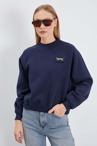 Fulla Moda Φούτερ με 3 κλωστές, κέντημα λεοπάρ, μανίκια ρεγκλάν και oversized...