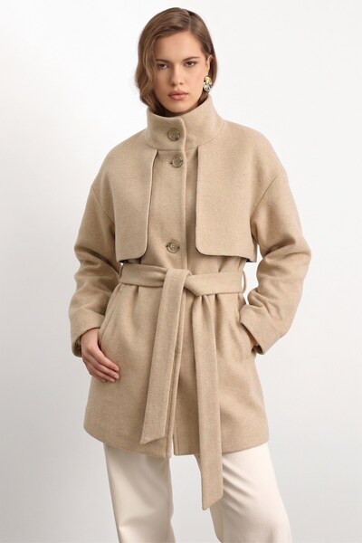 Olcay Oversized Short Coat with High Collar and Cape Detail Stone 3201