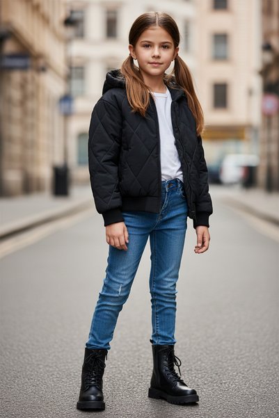 Fulla Moda Baklava Desen Kapitone Kapüşonlu Unisex Çocuk Mont