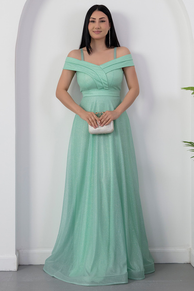 PULLIMM 13278 Rochie de seară lungă din tulle cu sclipici, cu bretele spaghetti