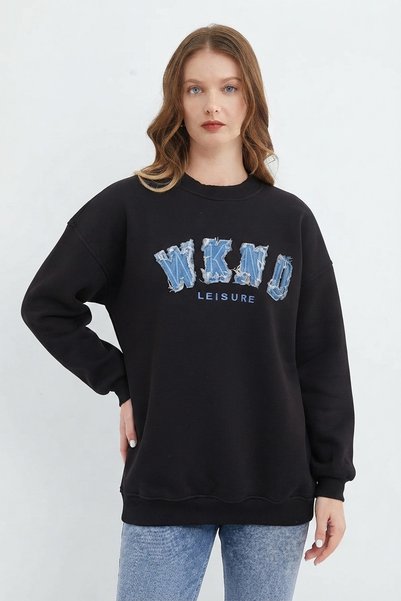 Fulla Moda 3 İplik Kot Nakışlı Oversize Sweatshirt