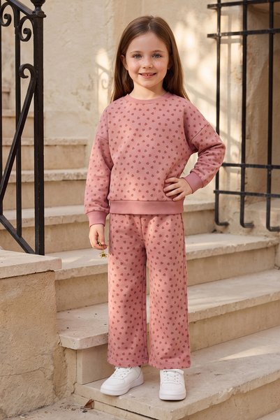 Fulla Moda Heart Printed Crew Neck Girls' 2-Piece Set