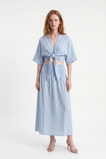 HAKKE Women's Elastic Waist Long Skirt and Tie-Up Blouse Set