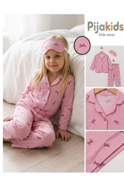 PİJAKİDS Ribbon Patterned Long Sleeved Buttoned Front Thin Fabric Girls' Paja...