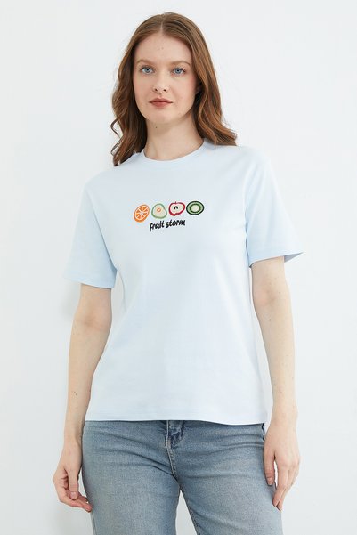 Fulla Moda Fruit Embroidered Crew Neck T-Shirt