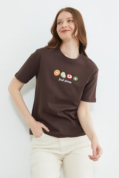 Fulla Moda Fruit Embroidered Crew Neck T-Shirt