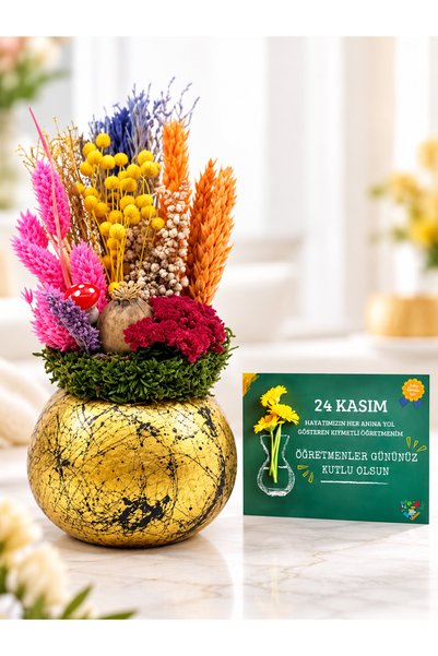 hediye arıları 24 Kasım Öğretmenler Günü Hediyesi Kurutulmuş Çiçekli Gold Saksı ve Hediye Kartı