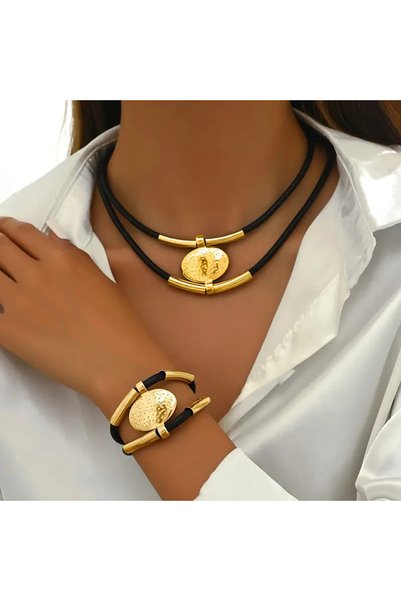 Choice AYAGold Color Vintage Oval Metal Faux Leather Necklace Bracelet For Wo...