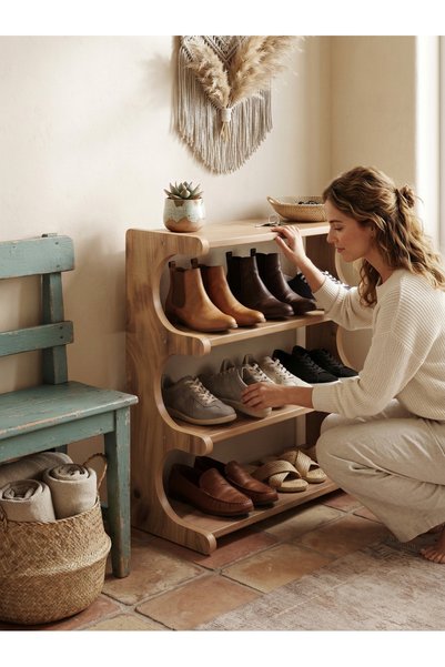 Wooden Factory 4 Katlı Ahşap Mdf Ayakkabılık Dekoratif Raflı Organizer Antre ...